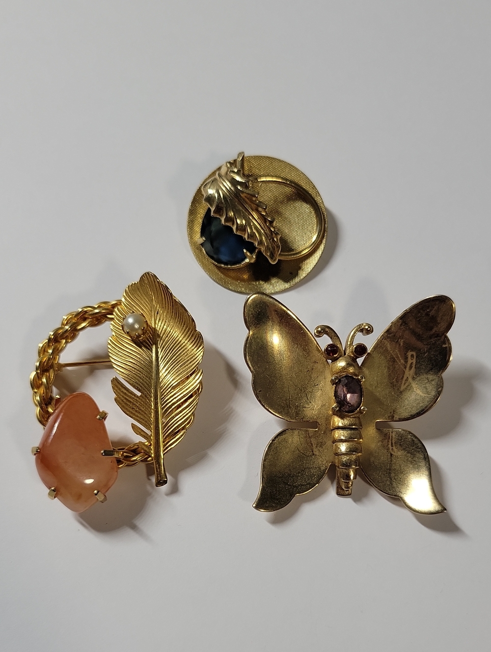 Gold-Tone Butterfly & Feather Pin Brooch Lot - Gold Tone